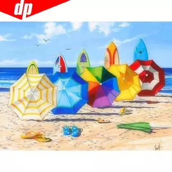 Алмазная картина Пляжный зонтик Пейзаж Полный круглый 5D DIY Алмазная вышивка Крестом 20X30CM