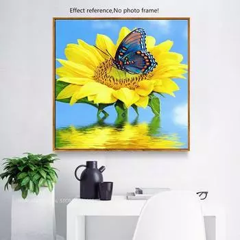 Алмазная картина Подсолнух Полная круглая дрель Алмазная мозаика Бабочка Алмазная вышивка 30x30CM