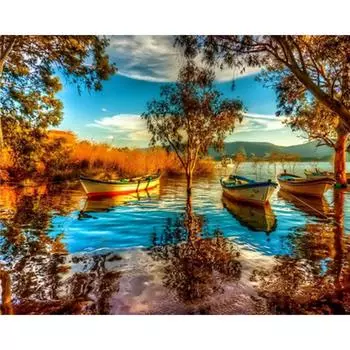 Алмазная картина Полная дрель Круглая озерная водная лодка Мозаика DIY Алмазная картина Вышивка крестом 20X30CM