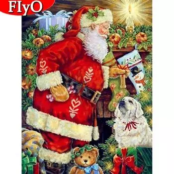 Алмазная картина, полная квадратная круглая рождественская картина Санта-Клауса со стразами, Алмазная вышивка, мозаика с собакой, подарок ручной работы Full Round (20X30CM)