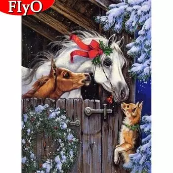 Алмазная картина, полная квадратная рождественская лошадь, алмазная вышивка, мозаика с изображением собаки, зимнее украшение дома, настенное искусство Full Round (20X30CM)