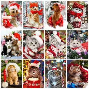 Алмазная картина Полная вышивка Кот Рождественская шапка Квадратная/круглая вышивка Мозаика Животные Вышивка крестом Домашний декор Full Round 20x30CM