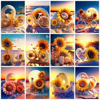 Алмазная картина Полная вышивка Подсолнух Велосипед Домашний декор Вышивка Мозаика Закат Морской пейзаж Кристалл Наклейка на стену Full Round 20x30CM