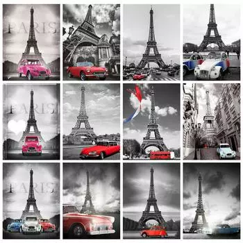 Алмазная картина Полный круглый пейзаж Автомобиль 5D Алмазная вышивка Распродажа Эйфелева башня Стразы Мозаика Настенное искусство Full Round 20x25CM