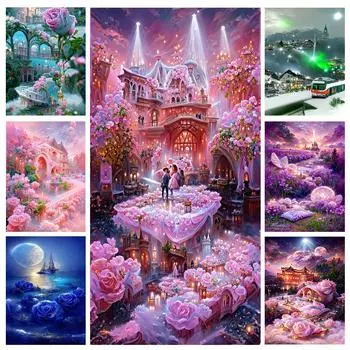 Алмазная картина романтический розовый цветок дом замок пейзаж Алмазная мозаика вышивка стразами DIY принцесса Декор для спальни S403 Full Round 30x60CM