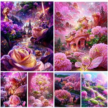 Алмазная картина романтический розовый цветок дом замок пейзаж мечты мозаика вышивка горный хрусталь DIY принцесса свадебный декор S402 Full Round 30x45CM