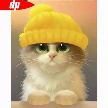 Алмазная картина Рождественская Алмазная вышивка Полные стразы Милый кот с желтой шляпой Вышивка крестом 20X30CM