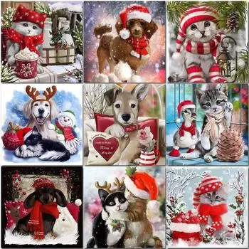 Алмазная картина Рождественская собака Кошка Декор комнаты Алмазная вышивка крестиком Животные Мозаика Наклейка на стену Full Round 20x20CM