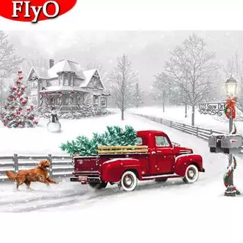Алмазная картина Рождество Зимняя собака Алмазная вышивка Распродажа Автомобиль Пейзаж Мозаика Снег Ручная работа Домашний декор Full Round (20X30CM)