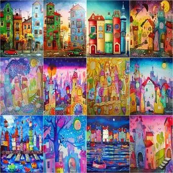 Алмазная картина Розовый цветок Полная круглая алмазная вышивка Красочный дом Пейзаж Вышивка крестом Украшение для дома Full Round 20x30CM