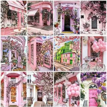 Алмазная картина розовый цветок полная квадратная круглая алмазная вышивка велосипедный дом пейзаж вышивка крестиком украшение дома Full Round 20x25CM
