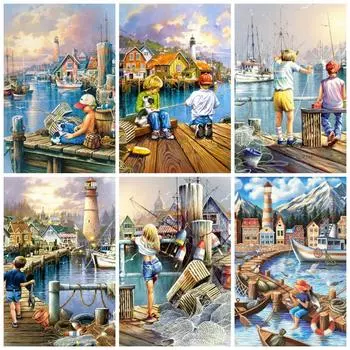 Алмазная картина с квадратными стразами Дети Река 5D Алмазная мозаика Вышивка Рыбалка Пейзаж Домашний декор Full Round 20x30CM