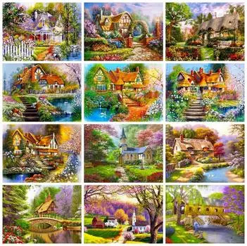 Алмазная картина, сад, полная квадратная дрель, художественные стразы, 5D Алмазная вышивка, пейзаж, дом, набор для рукоделия, подарок ручной работы Full Round 20X30CM красный