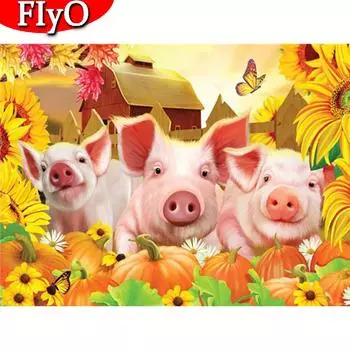 Алмазная картина Свинья, полная квадратная круглая ручная работа 5D DIY Алмазная вышивка, мозаика с животными, осенние украшения с подсолнухом Full Round (20X30CM)