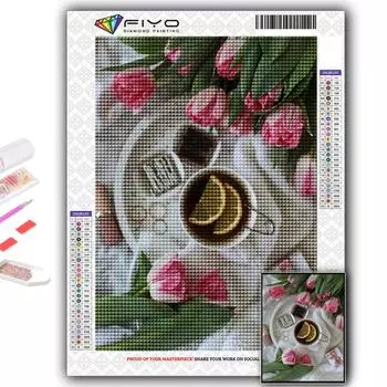 Алмазная картина Тюльпаны и кофе Алмазная мозаика Ремесло Алмазная вышивка Картина Full Round 20X30CM