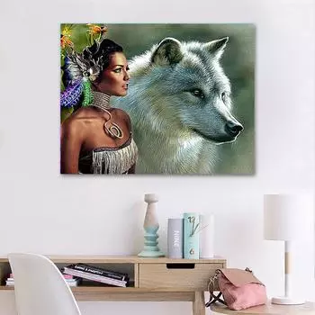 Алмазная картина, вышивка, девушка, животные, волк, вышивка крестом, полное рукоделие, домашний декор, круглая дрель 20X30CM