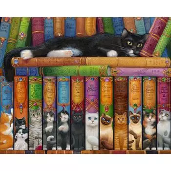 Алмазная картина, вышивка крестиком, книжная полка, рукоделие, кошка, книга, полная круглая дрель, икона, Алмазная вышивка 20X30CM