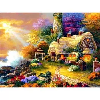 Алмазная картина, вышивка Пейзаж , вышивка крестом, горный хрусталь, узор дома, полная круглая дрель 20X30CM