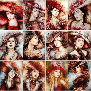 Алмазная картина Женщина в большой шляпе Алмазная вышивка Мозаичный портрет из стразов Произведения искусства Full Round 20x30CM