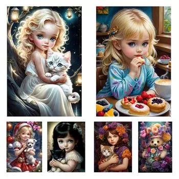 Алмазная картина животное кошка крест вышивка милая девушка 5D DIY алмазная вышивка красочная мозаика комната украшение дома подарок Full Round 20x30CM