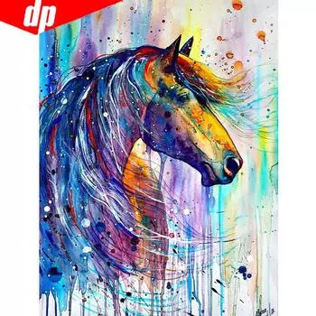 Алмазная картина Животное Мозаика 5D DIY Полная круглая Алмазная вышивка Красочная картина лошади 20X30CM