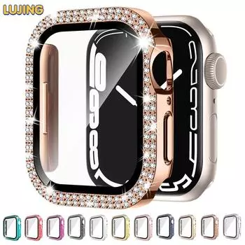 Алмазная крышка + стекло для Apple Watch SE Series 9, 8, 7, 6, 4, 3, 5, 2, блестящий чехол для iwatch 41 мм, 45 мм, 38 мм, 42 мм, 40 мм, 44 мм, аксессуары для женских часов 38mm золотой