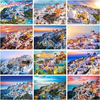 Алмазная мозаика 5d Санторини Дом Пейзаж Алмазная вышивка Картина для взрослых Подарочные фотографии Современные для домашнего декора Full Round 20x30CM