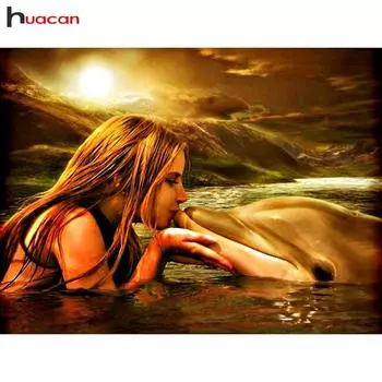 Алмазная мозаика HUACAN, Дельфин, алмазная живопись, животное, полная квадратная Алмазная вышивка, красивая картина, украшение из страз Full Square 20*30 cm