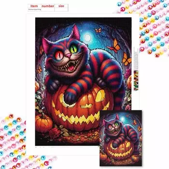 Алмазная мозаика Красочная алмазная живопись Кошки табби и тыквенные фонари Полная круглая вышивка Мультяшные креативные хобби Настенный декор Round 20x30cm