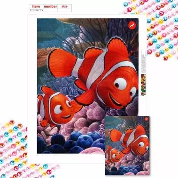 Алмазная мозаика Красочная алмазная живопись Рыба-клоун Полная круглая вышивка Мультяшные креативные хобби Декор для стен Round 20x30cm