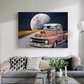 Алмазная мозаика Пейзаж Автомобиль Луна Фотографии Стразы Полный круглый Алмазная картина Вышивка крестом 20X30CM