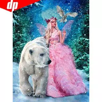 Алмазная мозаика Портрет девушки и медведя Полный круглый дрель Алмазная вышивка 20X30