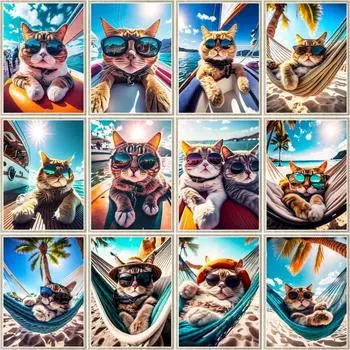 Алмазная мозаика «сделай сам», пляжные кошки, вышивка крестиком, 5d набор алмазов, вышивка животных, распродажа, ремесленный домашний декор Full Round 20x30CM