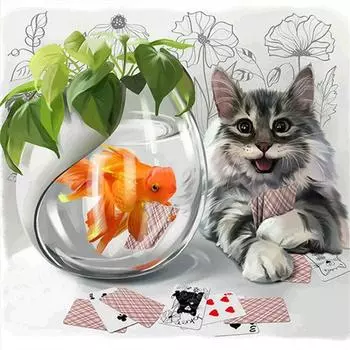 Алмазная мультяшная кошка, игральная карта, Золотая рыбка, полная круглая алмазная картина, вышивка крестом, Алмазная вышивка 30x30CM