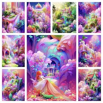 Алмазная вышивка Фэнтези Романтический Цветок Замок Пейзаж 5D DIY Алмазная живопись Наборы Картины Стразы Вышивка крестом Full Round 20x30CM