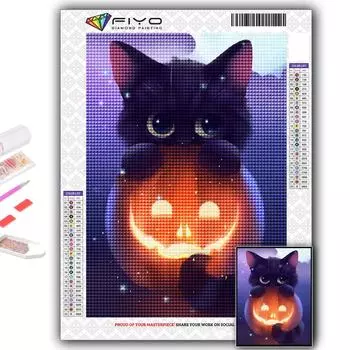 Алмазная вышивка Хэллоуин Тыква и черный кот 5D DIY Алмазная картина Вышивка крестом Горный хрусталь Full Round 20X30CM