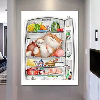 Алмазная вышивка Кот в холодильнике Алмазная картина Мультфильм Вышивка крестиком Мозаика Полный круглый стразы 20X30CM