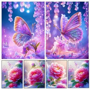 Алмазная вышивка крестом, нарисованная цветущими пионами, бабочками, розовыми, фиолетовыми цветами, 5D DIY, алмазная вышивка, картина со стразами Full Round 20x30CM