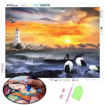 Алмазная вышивка Лебедь Полный квадрат Новое поступление 3D DIY Алмазная картина Пейзаж Закат Маяк Изображение Горный хрусталь Вышивка Крестом Настенное искусство Full Round (20X30CM)