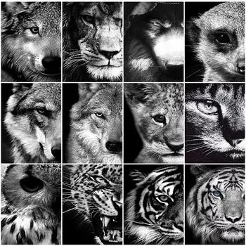 Алмазная вышивка Лев, вышивка крестиком, алмазная живопись, животные, стразы, мозаика, черный и белый бисер, подарок ручной работы Full Round 20x25CM