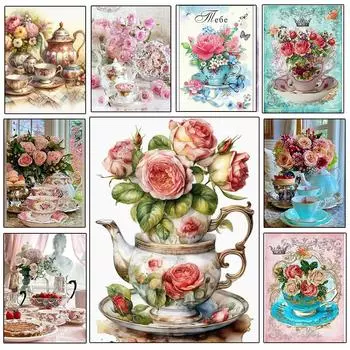Алмазная вышивка мозаика чашка для чая чайник роза домашний декор полный квадрат/круг алмазная живопись настенные наклейки украшение для дома подарок Full Round 20x30CM