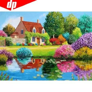 Алмазная вышивка Озеро и дерево Пейзаж Алмазная картина DIY Полный круглый вышивки крестом 20X30CM