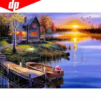 Алмазная вышивка Озеро Закат Полный круглый Стразы 5D DIY Алмазная картина Вышивка крестом 20X30CM