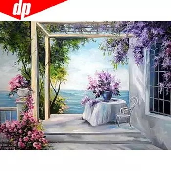 Алмазная вышивка Пейзаж Цветок и море Алмазная картина DIY Полная круглая вышивка крестом 20X30CM