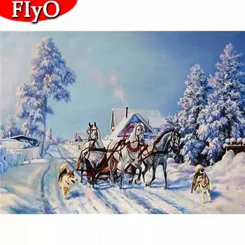 Алмазная вышивка Пейзаж Снег Полный квадратный круглый дрель Вышивка крестом Алмазная картина Лошадь Rhinestone Kit Домашний декор Full Round (20X30CM)