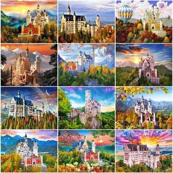 Алмазная вышивка ручной работы, полная круглая мозаика с замком, алмазная картина с рамкой, пейзажная картина, домашний декор Full Round 20x30CM