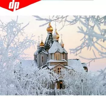 Алмазная вышивка Зимняя церковь Полный круглый пейзаж Алмазная картина Снежная мозаика Горный хрусталь 20X30CM