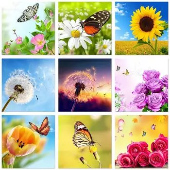 Алмазная живопись Цветочный живописный ручной работы Полный дрель Алмазная вышивка Распродажа Пейзаж Картина Подсолнух Одуванчик Художественный декор Full Round 20x20CM