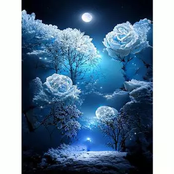 Алмазная живопись Дерево Луна Полный Круглый Стразы Вышивка Цветочная Мозаика Пейзаж Подарок Настенный Декор 30x40 см/12x16 дюймов 30x40cm NO Frame