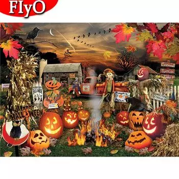 Алмазная картина Хэллоуин Полный квадратный сверло Ручная работа Алмазная вышивка Тыквенное искусство Стразы Мультфильм Домашнее украшение Full Round (20X30CM)